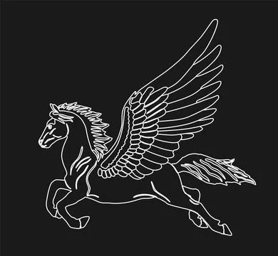Cute magic Pegasus vector silhouette illustration isolated on black Illustrazione stock