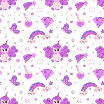 Cute magic seamless pattern on unicorns and fairy tale objects, magic wand,.. Illustrazione stock