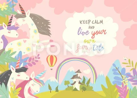 Cute magic unicorns and castle Stock Illustration