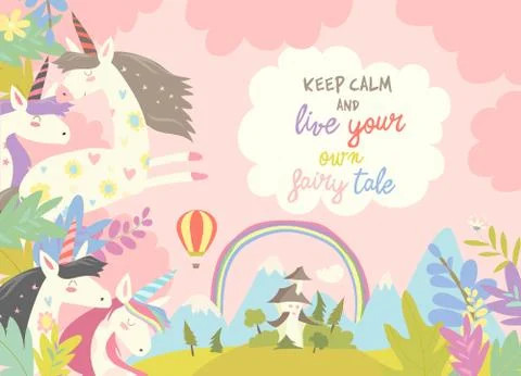 Cute magic unicorns and castle Stock Illustration