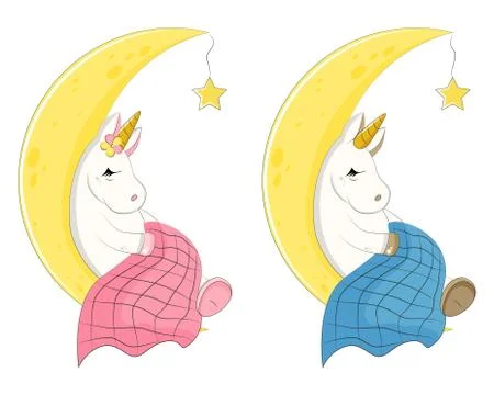 Cute magic unicorns asleep on the moon under the blanket, vector illustration. Stock Illustration