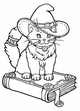 Cute magical kitten in a witch hat, attentively looks into the camera with hi Stock Illustration
