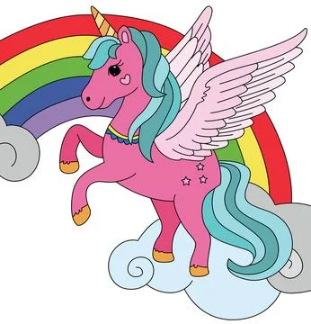 Cute magical unicorn jumping on the clouds and rainbow Stock Illustration