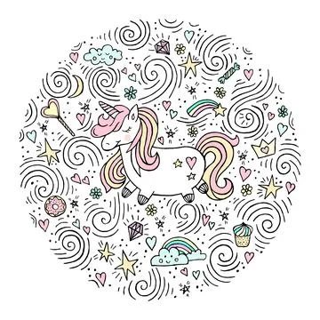 Cute magical unicorn. Vector design isolated on white background. Romantic hand Stock Illustration