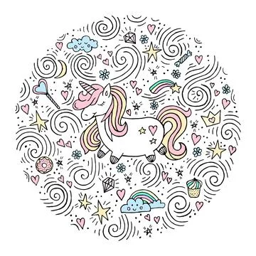 Cute magical unicorn. Vector design isolated on white background. Romantic hand Stock Illustration