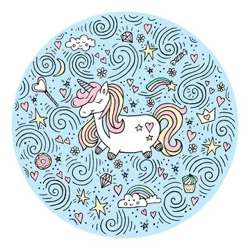 Cute magical unicorn. Vector design isolated on white background. Romantic hand Stock Illustration