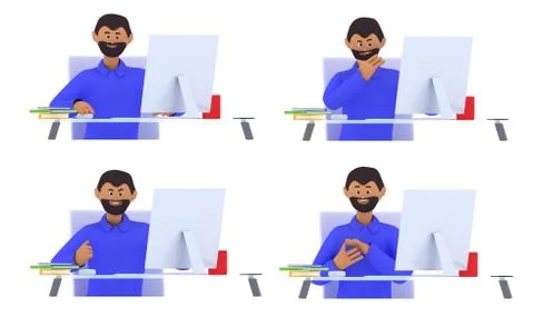 Cute man with beard is sitting, smiling, angry, happy at the desk with comput Stock Illustration
