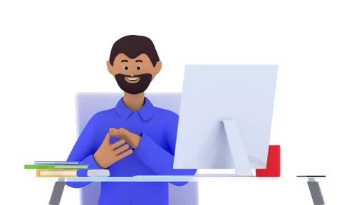 Cute man with beard is sitting, smiling and happy at the desk with computer. Stock Illustration