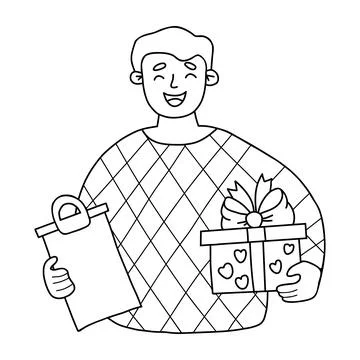 Cute man with gift. Vector romantic outline character hand drawing for fest.. Stock Illustration