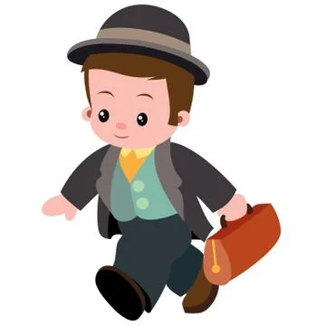Cute man in a hat and with a briefcase hurrying, isolated object on white bac Illustrazione stock