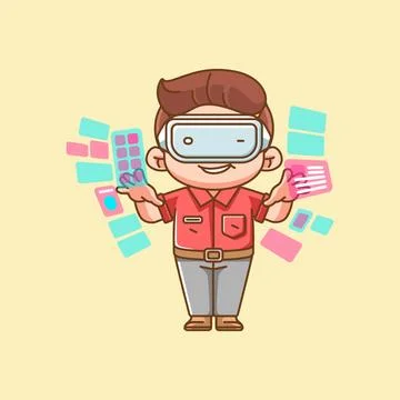 Cute man interact virtual reality glasses vr chibi kawaii character mascot Stock Illustration