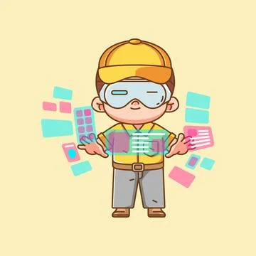 Cute man interact virtual reality glasses vr chibi kawaii character mascot Stock Illustration