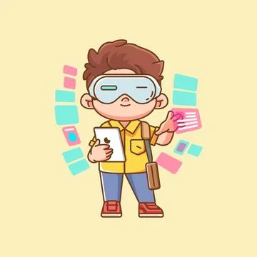 Cute man interact virtual reality glasses vr chibi kawaii character mascot Stock Illustration