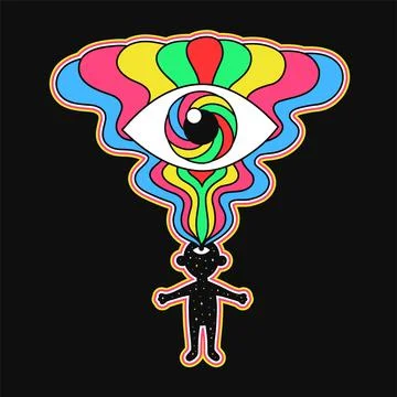 Cute man with open third eye. Vector hand drawn line cartoon illustration. Trip Illustrazione stock