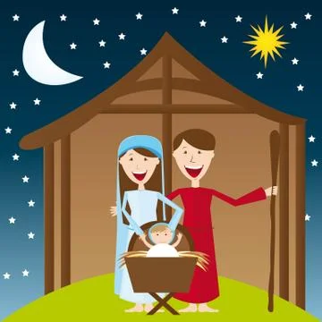 Cute manger over night landscape with moon and star. vector Ilustração Stock