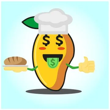 Cute mango baker cartoon face character with hat and bread image design Stock Illustration