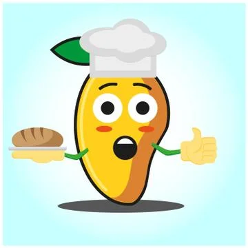 Cute mango baker cartoon face character with hat and bread image design Stock Illustration
