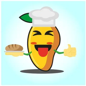 Cute mango baker cartoon face character with hat and bread image design Stock Illustration