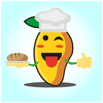 Cute mango baker cartoon face character with hat and bread image design Stock Illustration