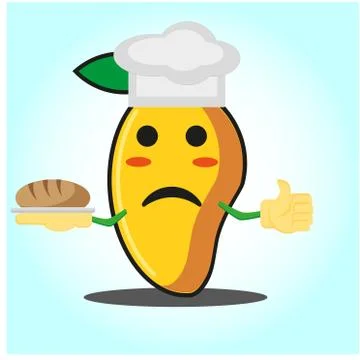 Cute mango baker cartoon face character with hat and bread image design Stock Illustration