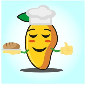 Cute mango baker cartoon face character with hat and bread image design Stock Illustration