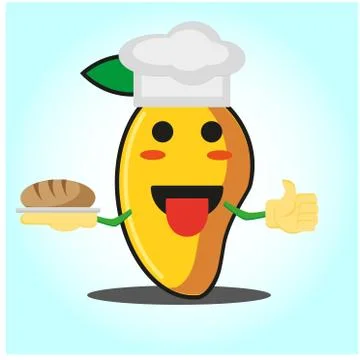Cute mango baker cartoon face character with hat and bread image design Stock Illustration