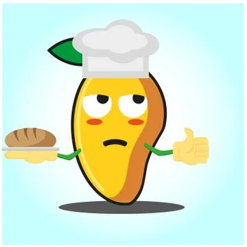 Cute mango baker cartoon face character with hat and bread image design Stock Illustration