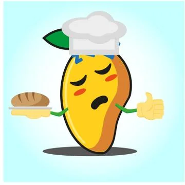 Cute mango baker cartoon face character with hat and bread image design Illustrazione stock
