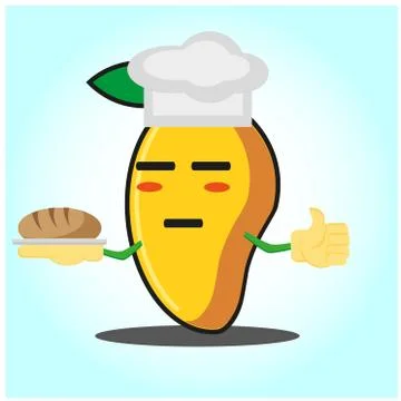 Cute mango baker cartoon face character with hat and bread image design Stock Illustration