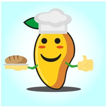 Cute mango baker cartoon face character with hat and bread image design Illustrazione stock