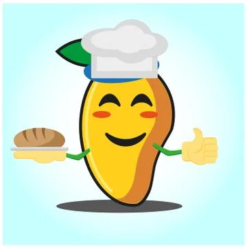 Cute mango baker cartoon face character with hat and bread image design Stock Illustration