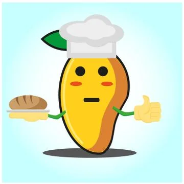 Cute mango baker cartoon face character with hat and bread image design Stock Illustration