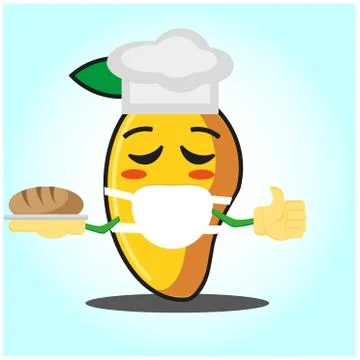 Cute mango baker cartoon face character with hat and bread image design Stock Illustration