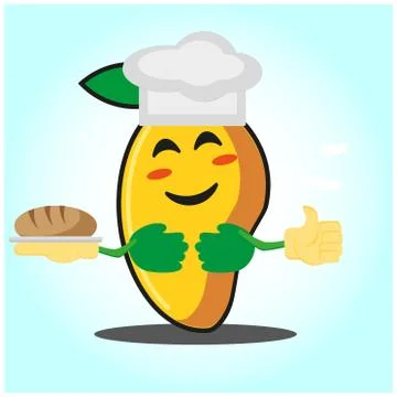 Cute mango baker cartoon face character with hat and bread image design Stock Illustration
