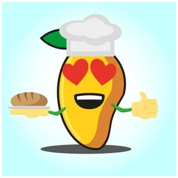 Cute mango baker cartoon face character with hat and bread image design Stock Illustration