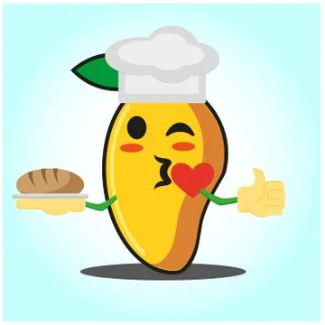 Cute mango baker cartoon face character with hat and bread image design Stock Illustration