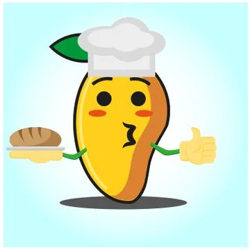 Cute mango baker cartoon face character with hat and bread image design Stock Illustration