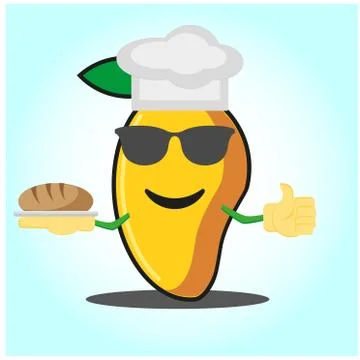 Cute mango baker cartoon face character with hat and bread image design Stock Illustration