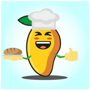 Cute mango baker cartoon face character with hat and bread image design Stock Illustration