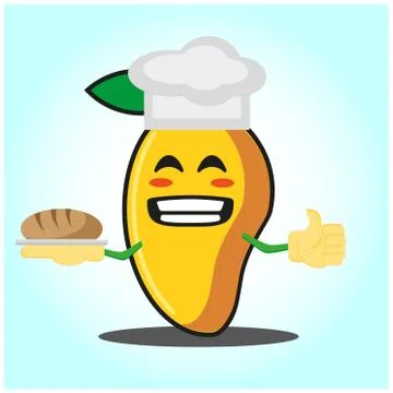 Cute mango baker cartoon face character with hat and bread image design Stock Illustration