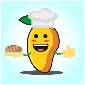 Cute mango baker cartoon face character with hat and bread image design Stock Illustration
