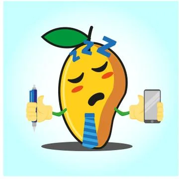 Cute mango bussines cartoon face character with pen, tie and smartphone image Stock Illustration