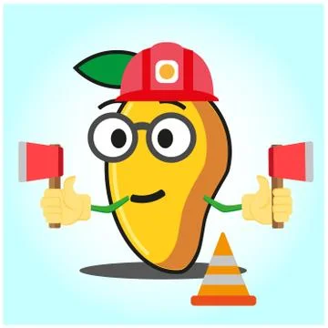 Cute mango fire fighter cartoon face character holding axes design Stock Illustration
