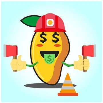 Cute mango fire fighter cartoon face character holding axes design Stock Illustration
