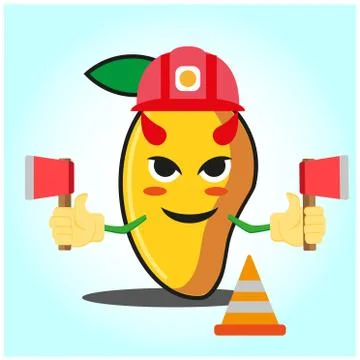 Cute mango fire fighter cartoon face character holding axes design Stock Illustration
