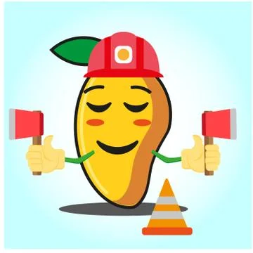 Cute mango fire fighter cartoon face character holding axes design Stock Illustration