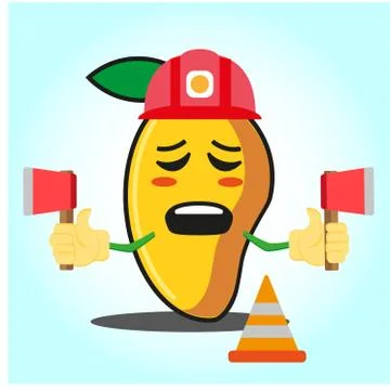 Cute mango fire fighter cartoon face character holding axes design Stock Illustration
