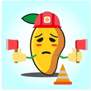 Cute mango fire fighter cartoon face character holding axes design Stock Illustration