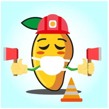 Cute mango fire fighter cartoon face character holding axes design Stock Illustration