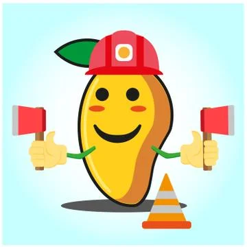 Cute mango fire fighter cartoon face character holding axes design Stock Illustration